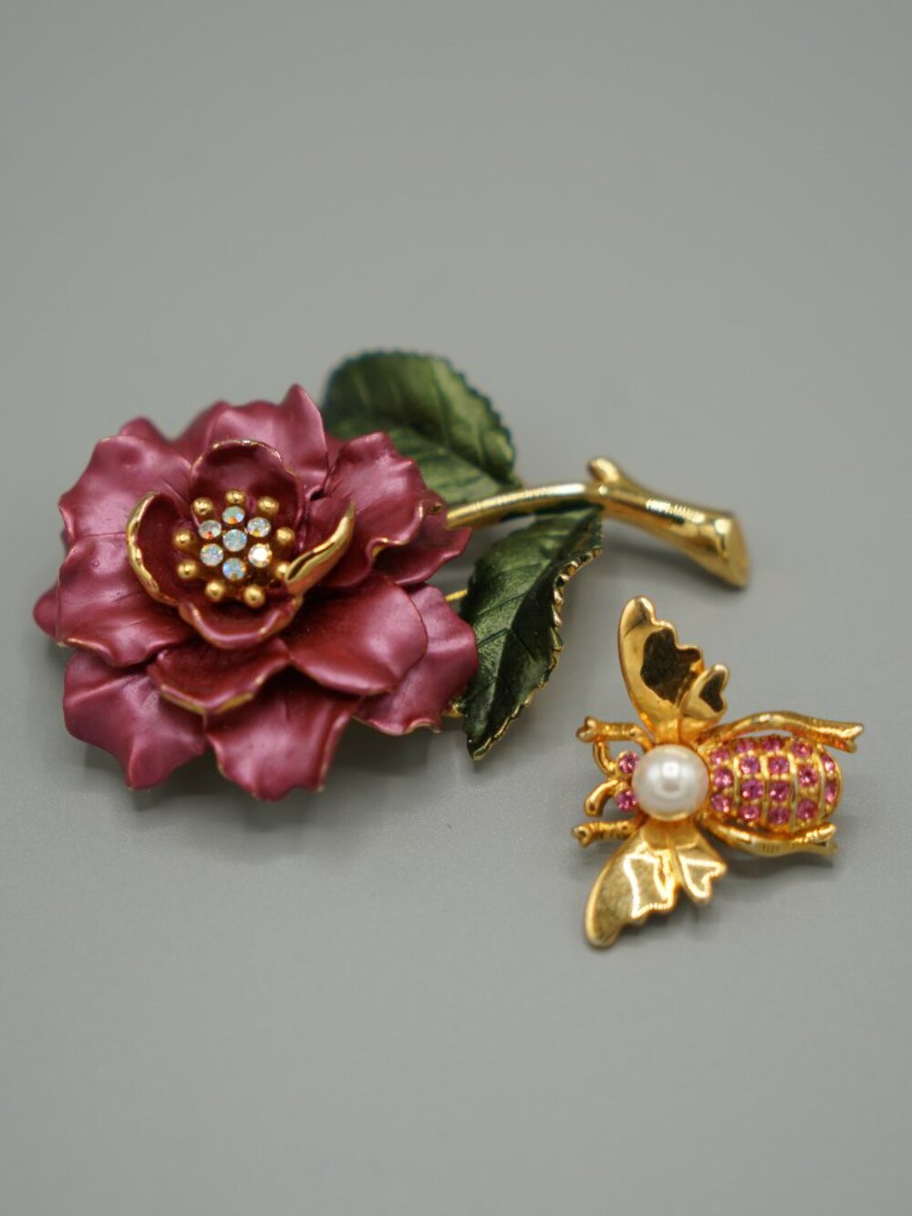 Wild Rose and Bee Brooch Lot-Pink and Gold Tone-Rhinestone/Faux Pearl